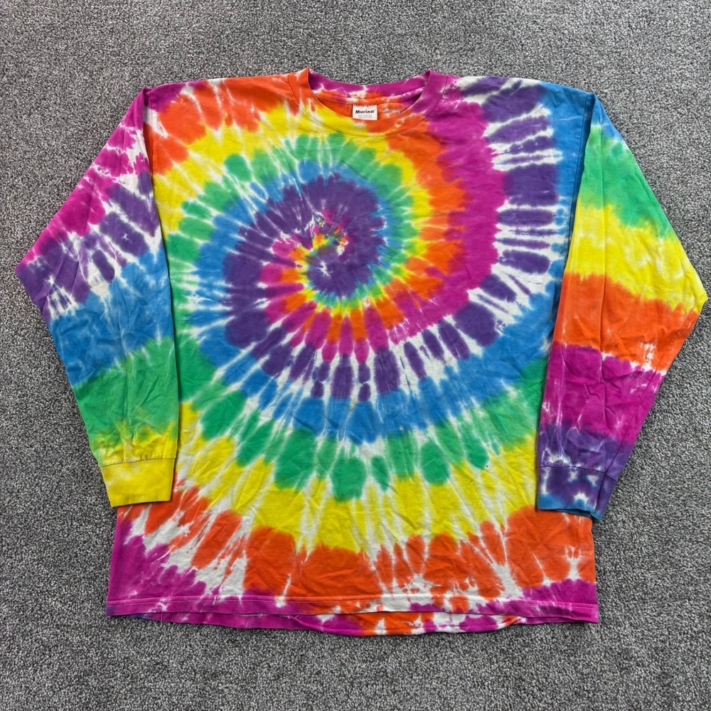 Vintage Tie Dye Shirt Mens 2XL Rainbow Spiral Long Sleeve Cotton USA Made Murina